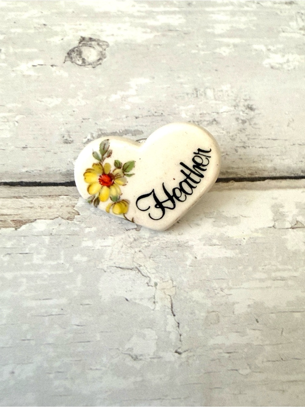 Heather Personalized Name Pin Heart Shaped Floral Pattern